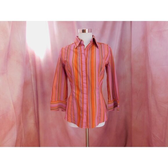 Express Design Studio Striped Button Up Shirt Small Pink Orange Career - Picture 1 of 10